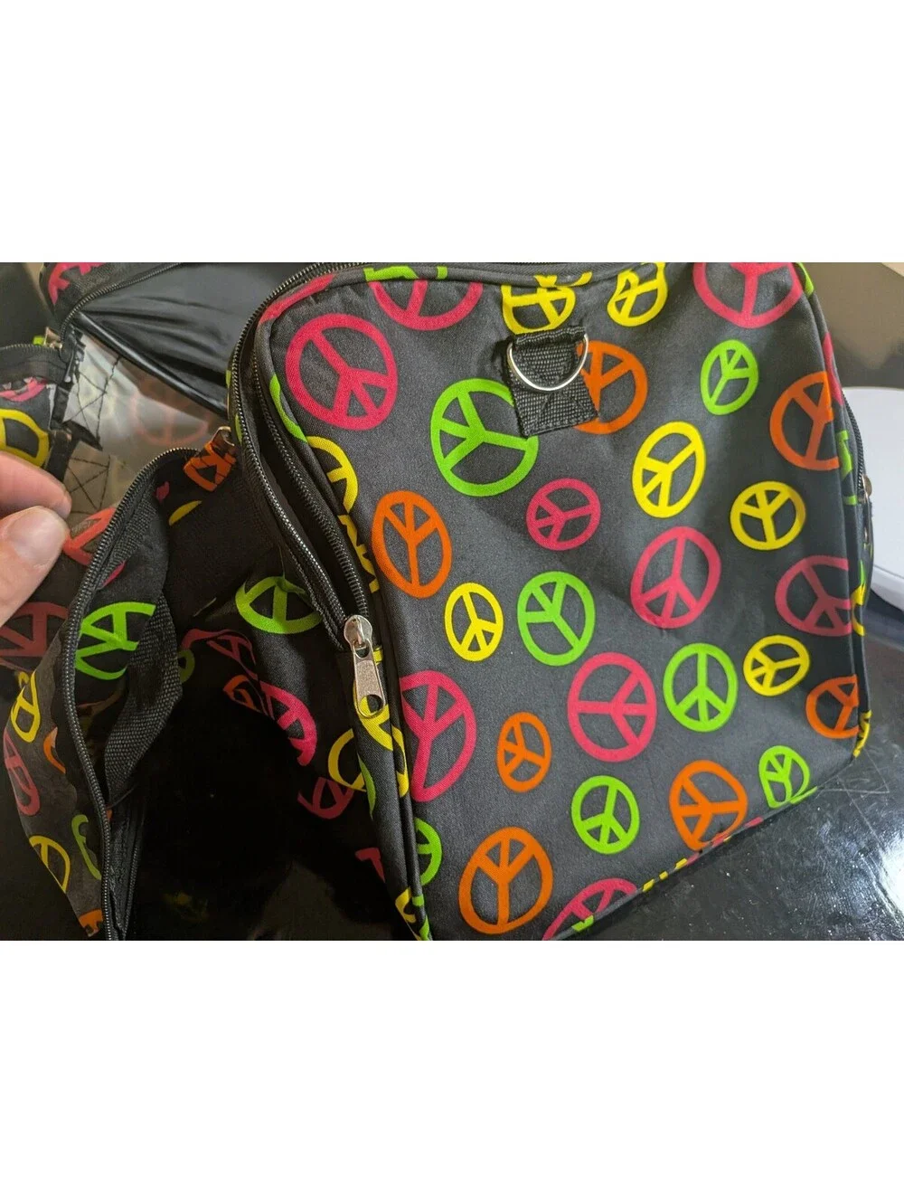 Rainbow Peace Sign Duffel Bag Black Multicolor Gym Travel Weekender Bag